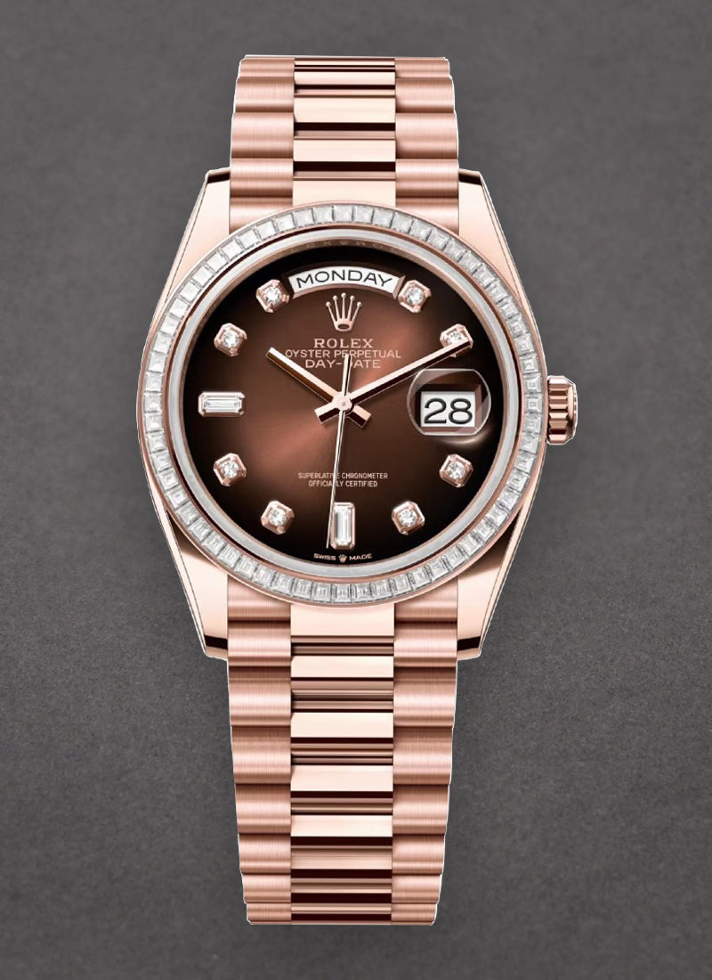 President Day Date 36mm in Rose Gold with Diamond Bezel on President Bracelet with Chocolate Ombre Diamond Dial 128395tbr 0004 watch