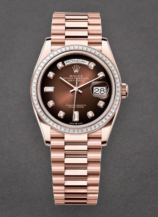 President Day Date 36mm in Rose Gold with Diamond Bezel on President Bracelet with Chocolate Ombre Diamond Dial 128395tbr 0004 watch