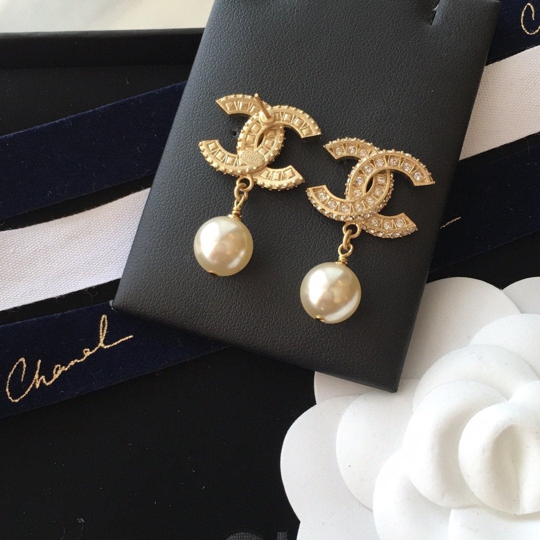 2025 Luxury Rhinestone Double Pearl Pendant Earrings