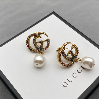 2025 Fashion Double Colored Diamond Pendant Pearl Earrings
