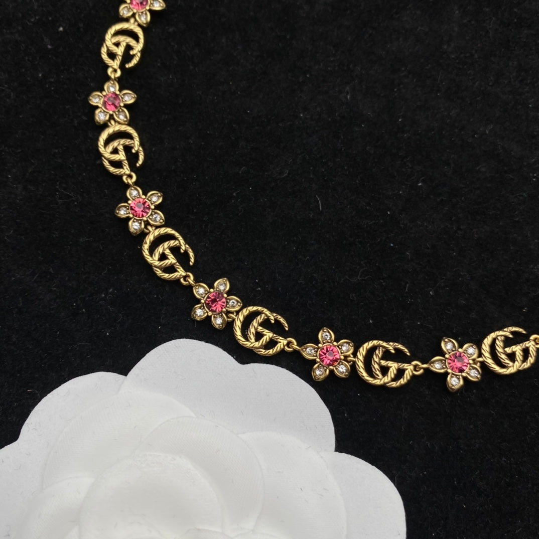 2025 Vintage Double G Flower Rhinestone Necklace