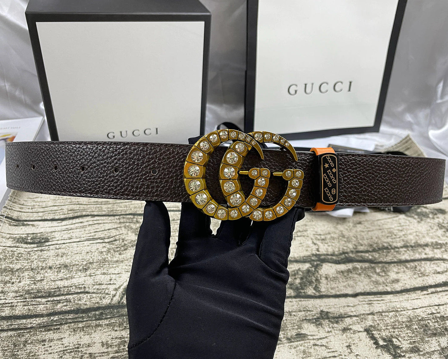 2025 4 Colors  double-G rhinestone double-sided lychee pattern belt
