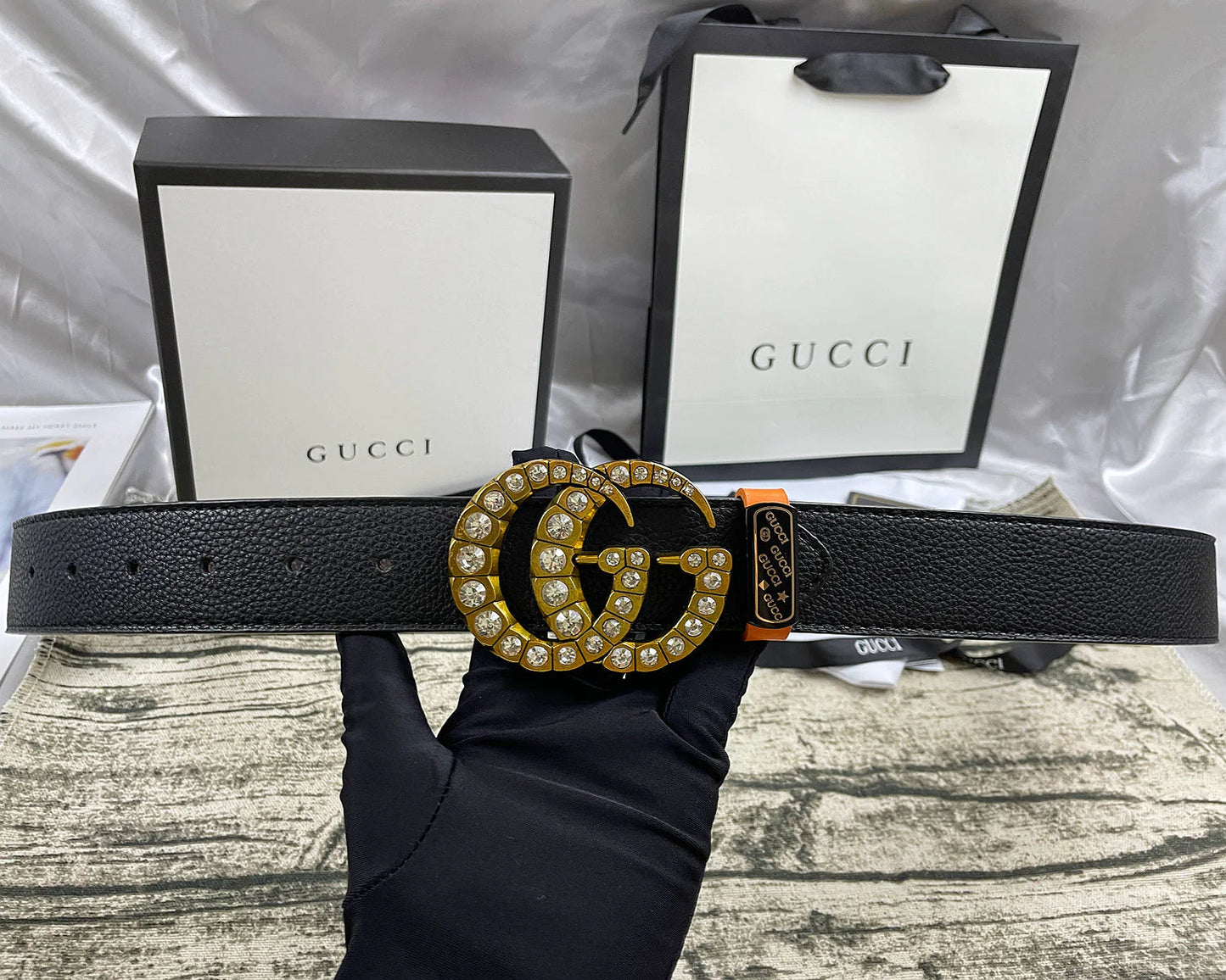 2025 4 Colors  double-G rhinestone double-sided lychee pattern belt