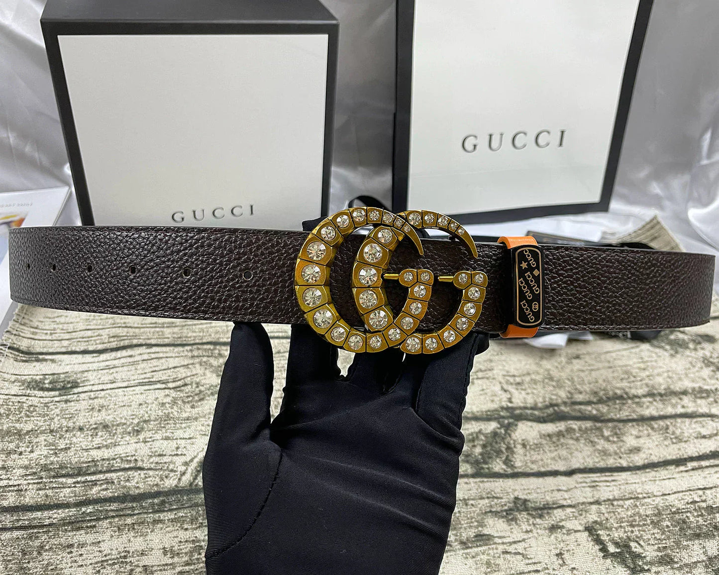 2025 belt 4 Colors  double-G rhinestone double-sided lychee pattern belt