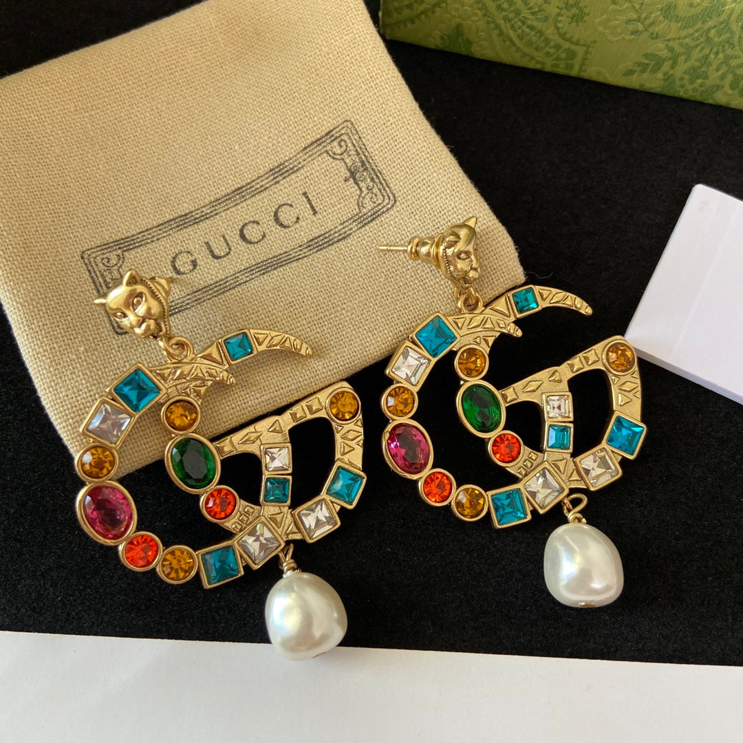 2025 Tiger Head Fancy Diamond Pearl Earrings