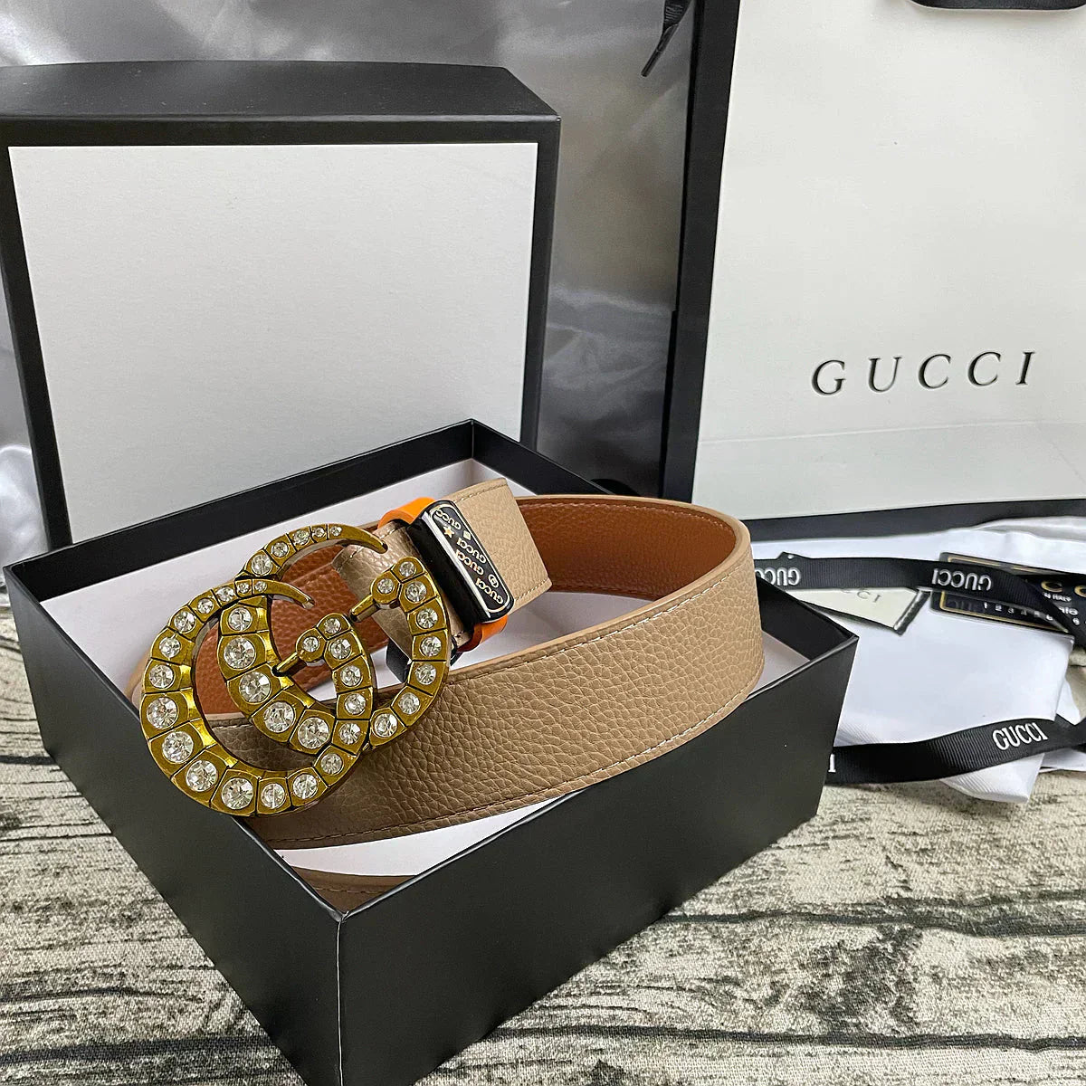 2025 belt 4 Colors  double-G rhinestone double-sided lychee pattern belt