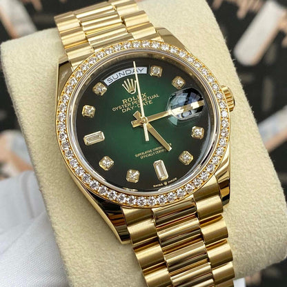 Day-Date Green Ombre Diamond Dial Diamond Bezel 36mm 128348RBR Pre-Owned Watch