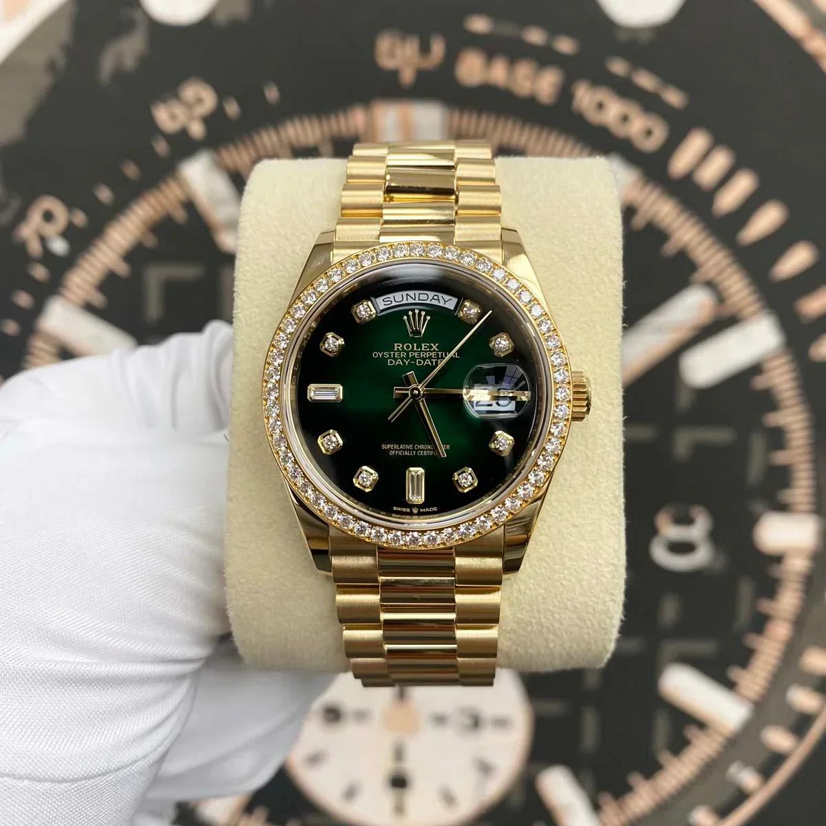 Day-Date Green Ombre Diamond Dial Diamond Bezel 36mm 128348RBR Pre-Owned Watch