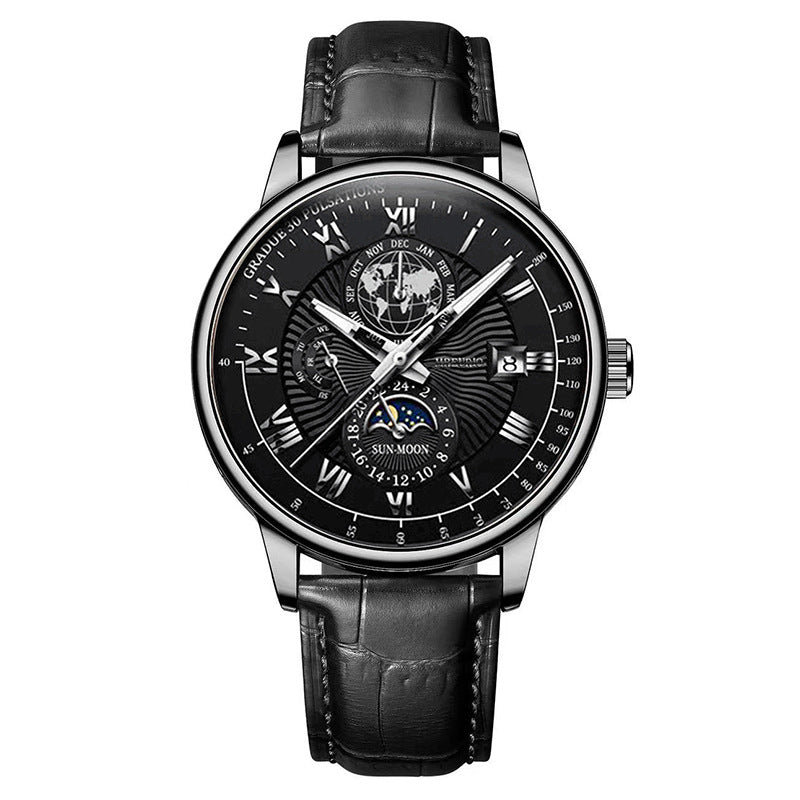 Foreign trade new fashion hot sale explosion three eyes calendar starry sky moon fashion men's watch men's watch belt wholesale