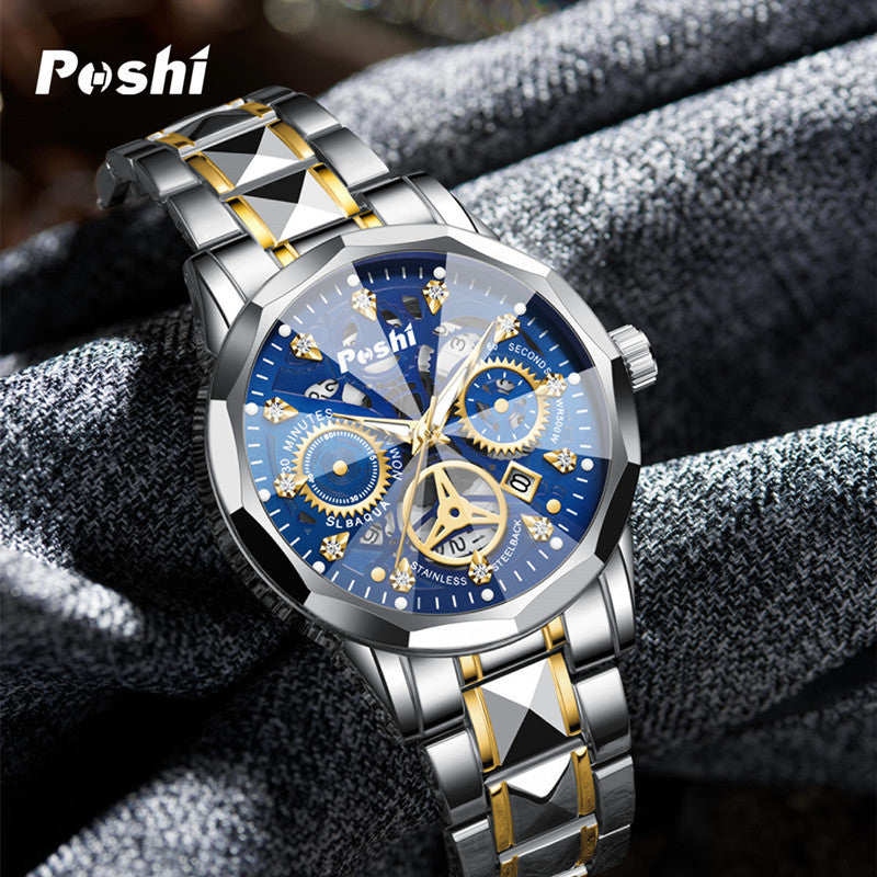 Poshi men's automatic non-mechanical men's watch fashion waterproof quartz calendar men's watch steel belt luminous watch