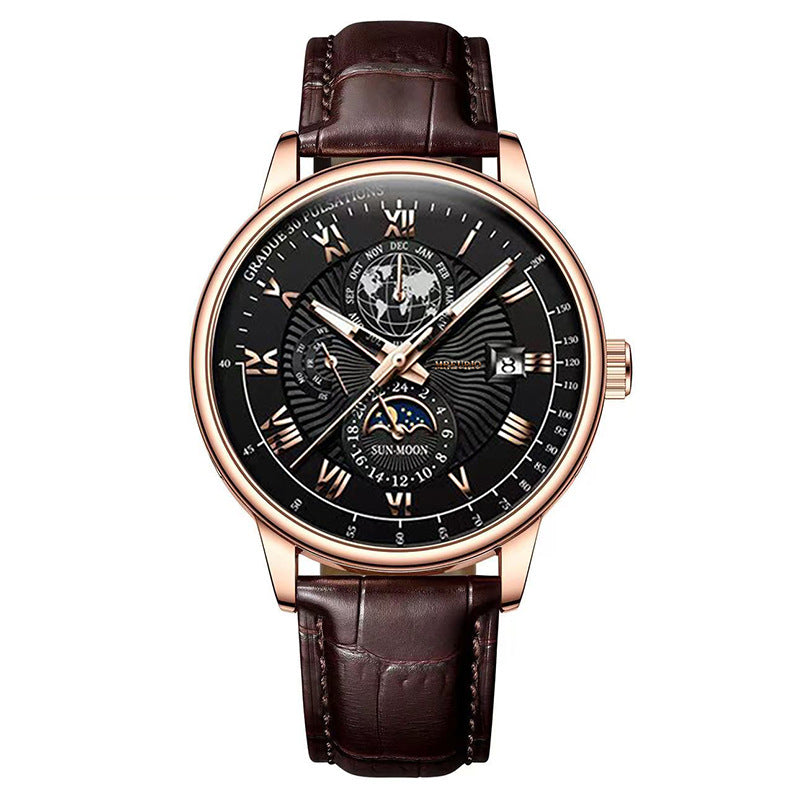 Foreign trade new fashion hot sale explosion three eyes calendar starry sky moon fashion men's watch men's watch belt wholesale