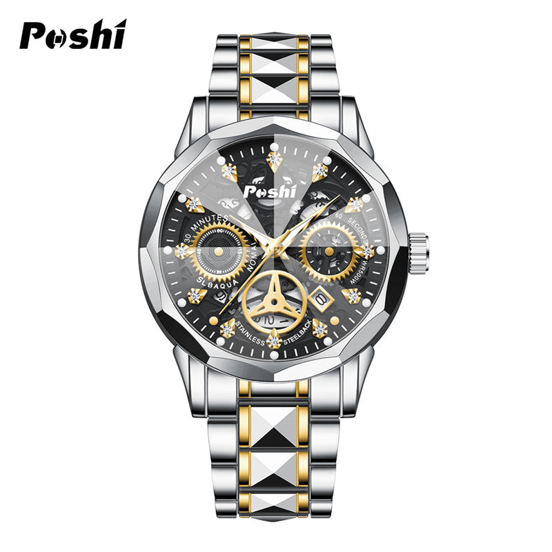 Poshi men's automatic non-mechanical men's watch fashion waterproof quartz calendar men's watch steel belt luminous watch