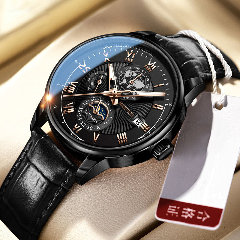 Foreign trade new fashion hot sale explosion three eyes calendar starry sky moon fashion men's watch men's watch belt wholesale