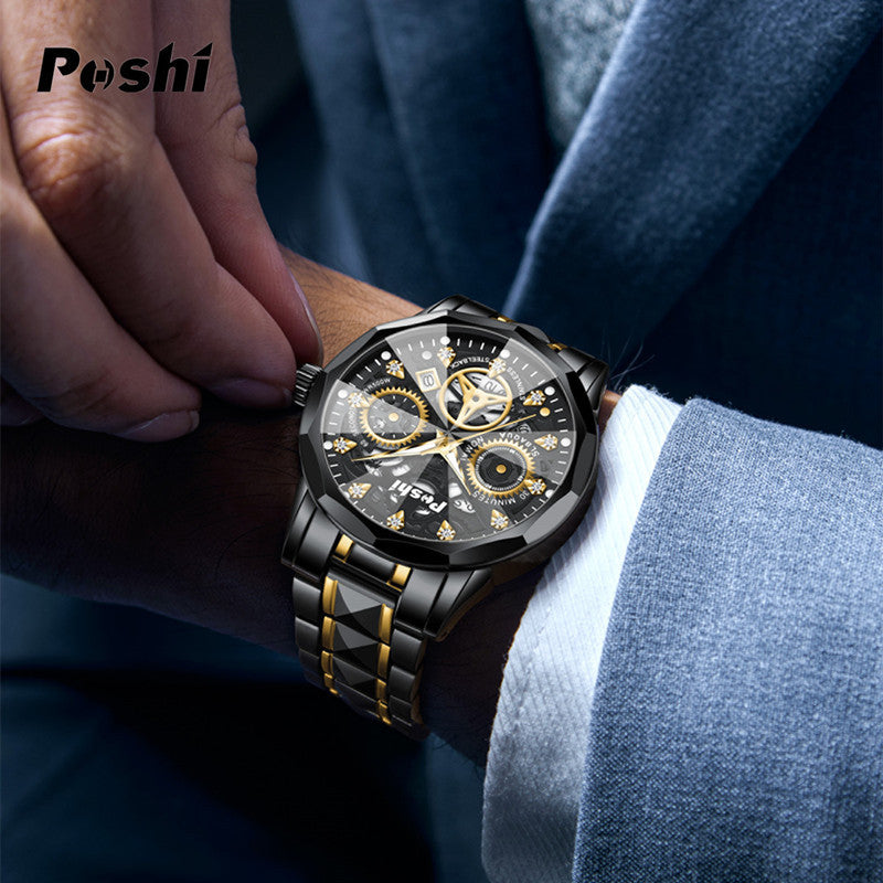 Poshi men's automatic non-mechanical men's watch fashion waterproof quartz calendar men's watch steel belt luminous watch