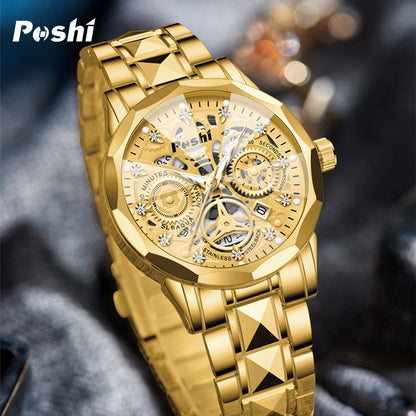 Poshi men's automatic non-mechanical men's watch fashion waterproof quartz calendar men's watch steel belt luminous watch