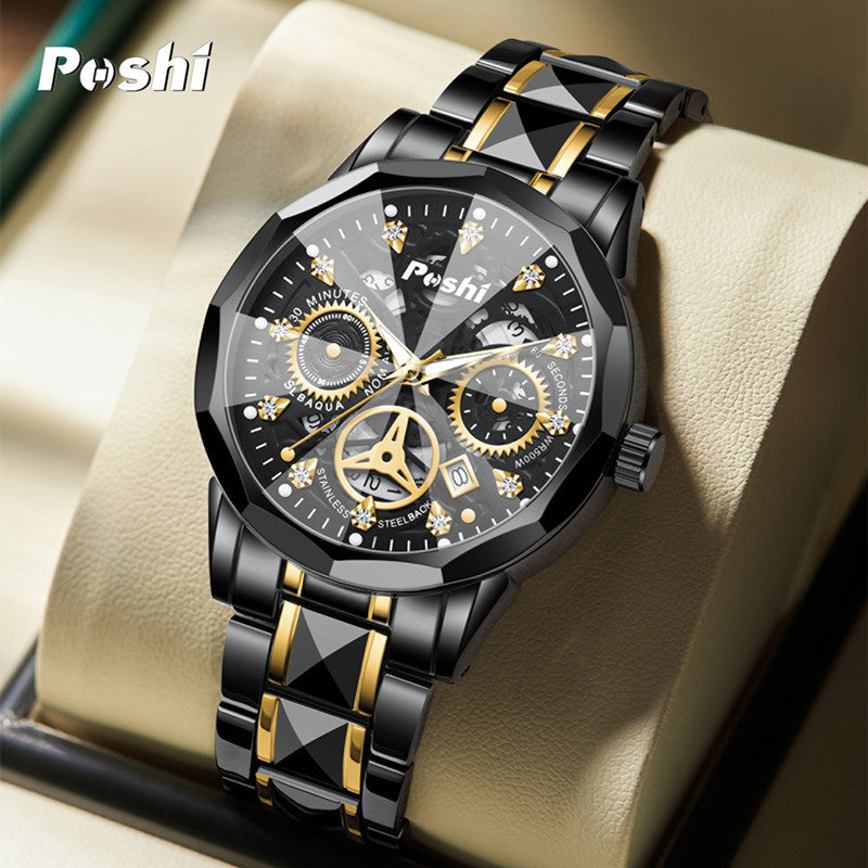 Poshi men's automatic non-mechanical men's watch fashion waterproof quartz calendar men's watch steel belt luminous watch