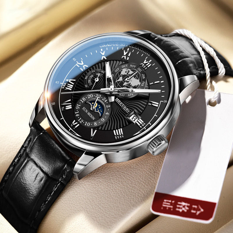 Foreign trade new fashion hot sale explosion three eyes calendar starry sky moon fashion men's watch men's watch belt wholesale