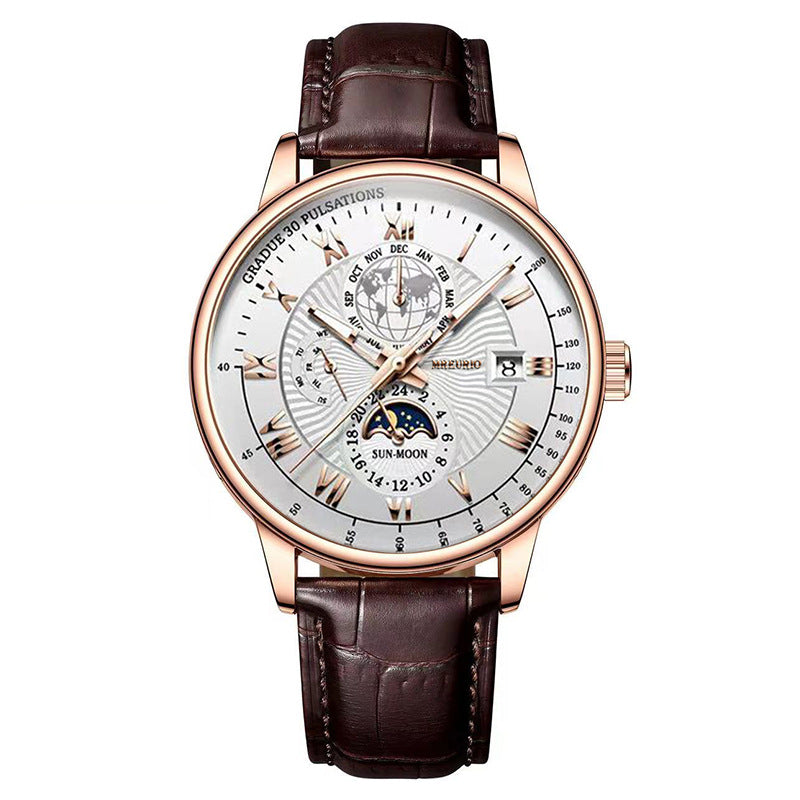 Foreign trade new fashion hot sale explosion three eyes calendar starry sky moon fashion men's watch men's watch belt wholesale