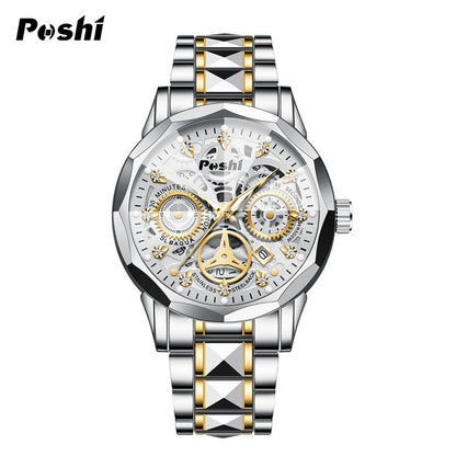 Poshi men's automatic non-mechanical men's watch fashion waterproof quartz calendar men's watch steel belt luminous watch