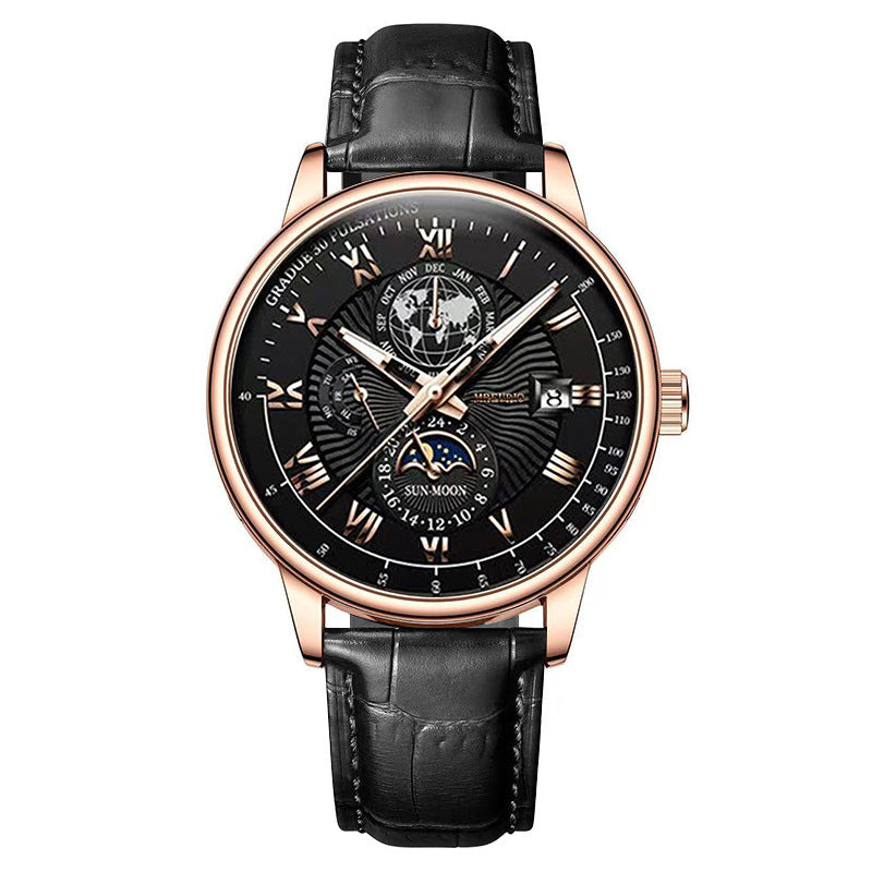 Foreign trade new fashion hot sale explosion three eyes calendar starry sky moon fashion men's watch men's watch belt wholesale