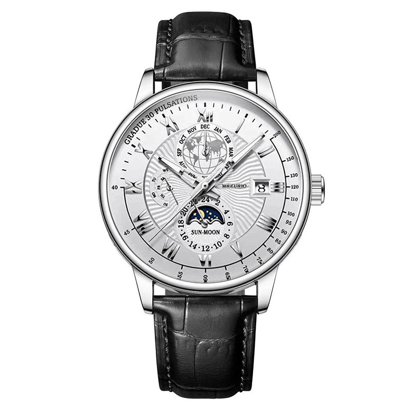 Foreign trade new fashion hot sale explosion three eyes calendar starry sky moon fashion men's watch men's watch belt wholesale