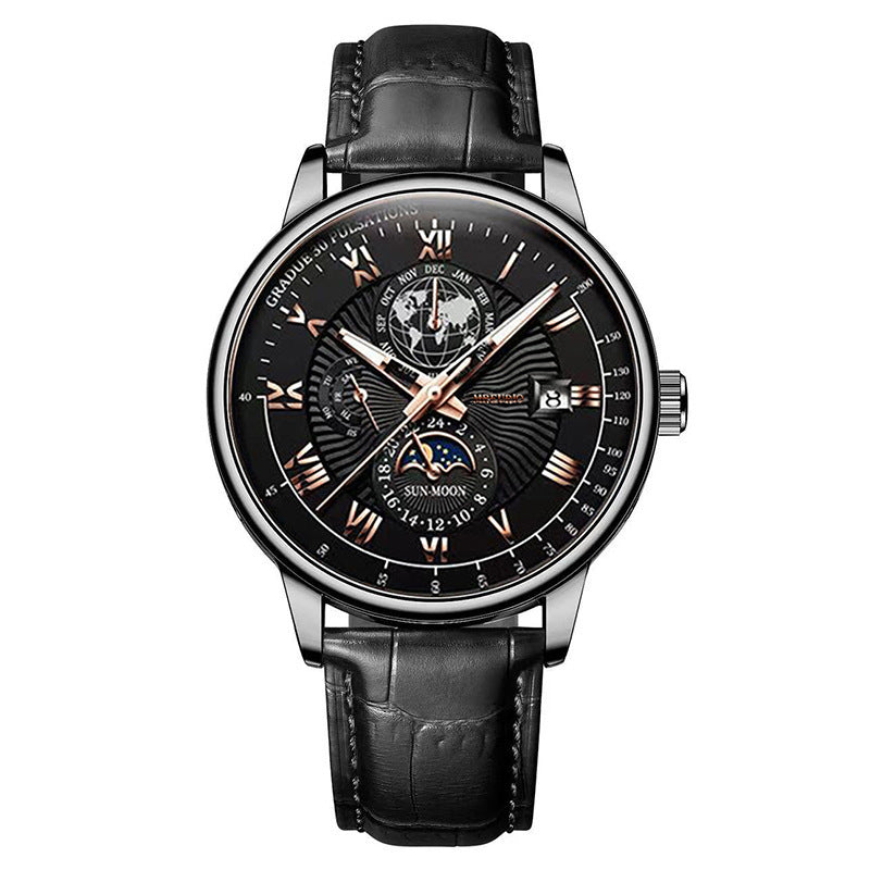 Foreign trade new fashion hot sale explosion three eyes calendar starry sky moon fashion men's watch men's watch belt wholesale
