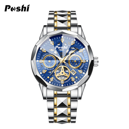 Poshi men's automatic non-mechanical men's watch fashion waterproof quartz calendar men's watch steel belt luminous watch