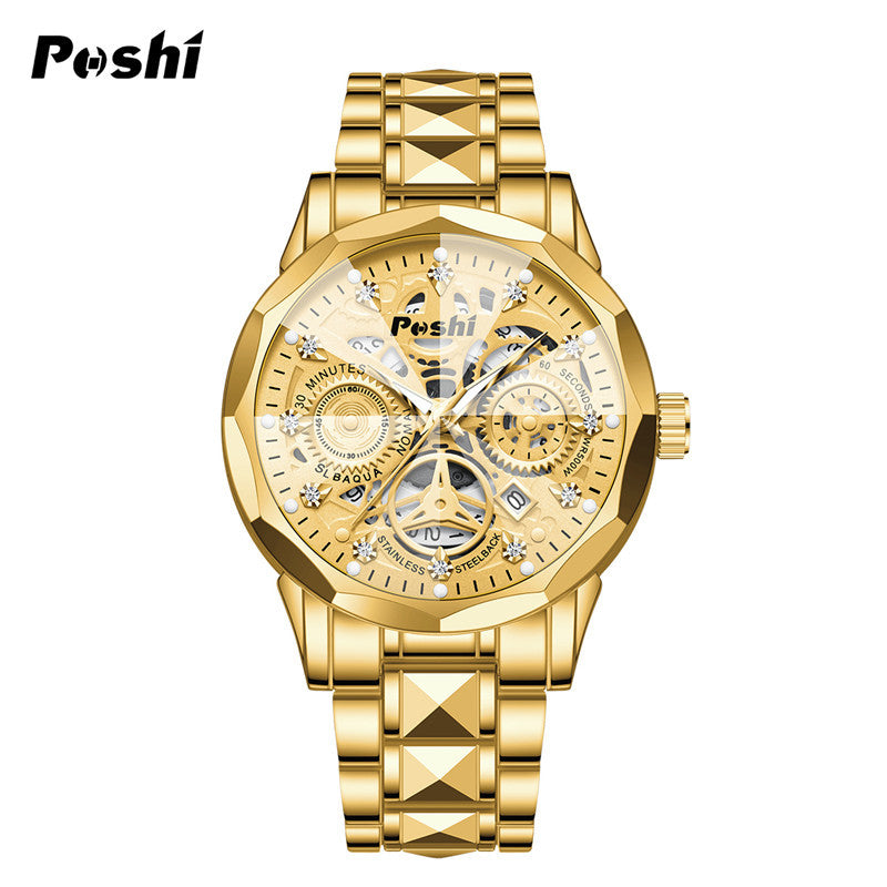 Poshi men's automatic non-mechanical men's watch fashion waterproof quartz calendar men's watch steel belt luminous watch