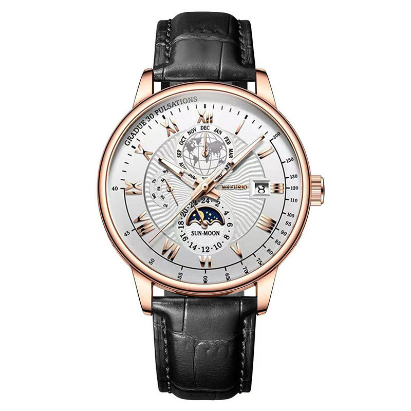 Foreign trade new fashion hot sale explosion three eyes calendar starry sky moon fashion men's watch men's watch belt wholesale