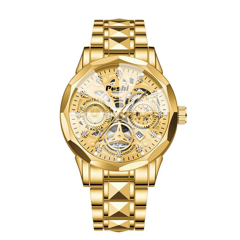Poshi men's automatic non-mechanical men's watch fashion waterproof quartz calendar men's watch steel belt luminous watch