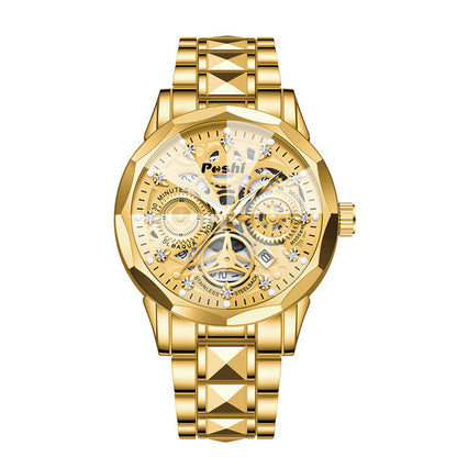 Poshi men's automatic non-mechanical men's watch fashion waterproof quartz calendar men's watch steel belt luminous watch
