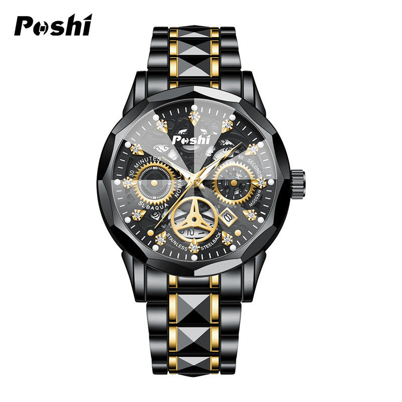 Poshi men's automatic non-mechanical men's watch fashion waterproof quartz calendar men's watch steel belt luminous watch